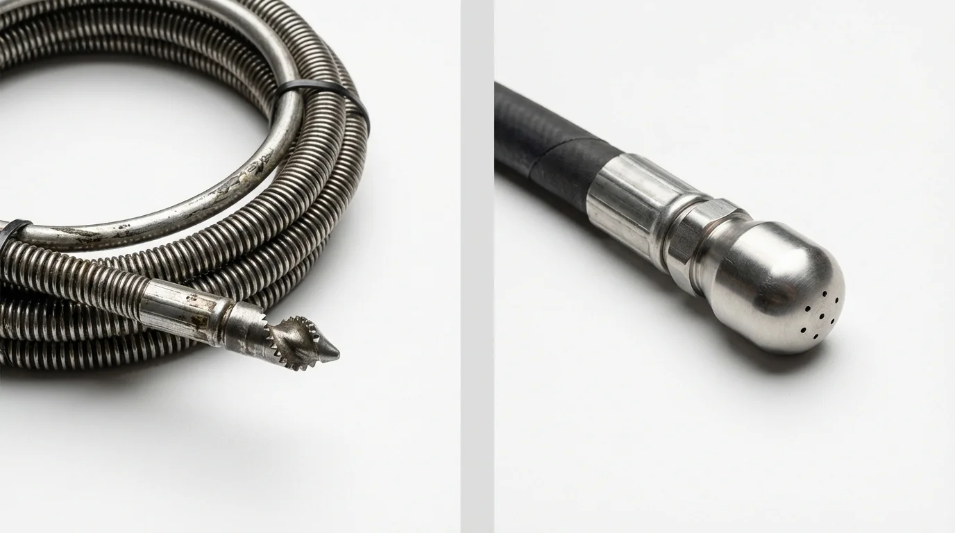 Drain snake cable and hydro jetting nozzle used for drain cleaning in Farmersville, OH
