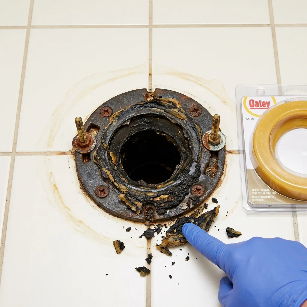 Failed wax ring showing water seepage at the base of a toilet in a Farmersville, OH home
