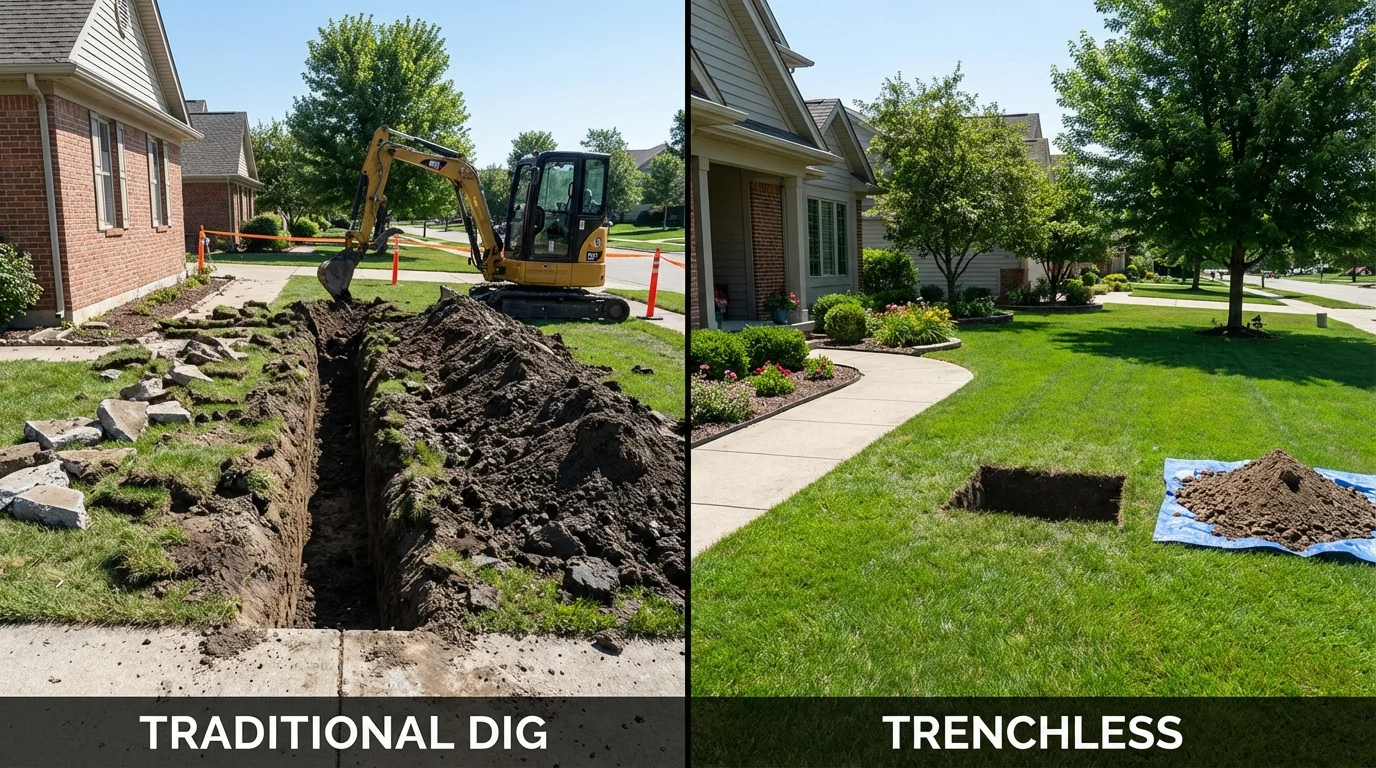 Trenchless sewer repair with minimal yard damage versus traditional excavation in Farmersville, OH