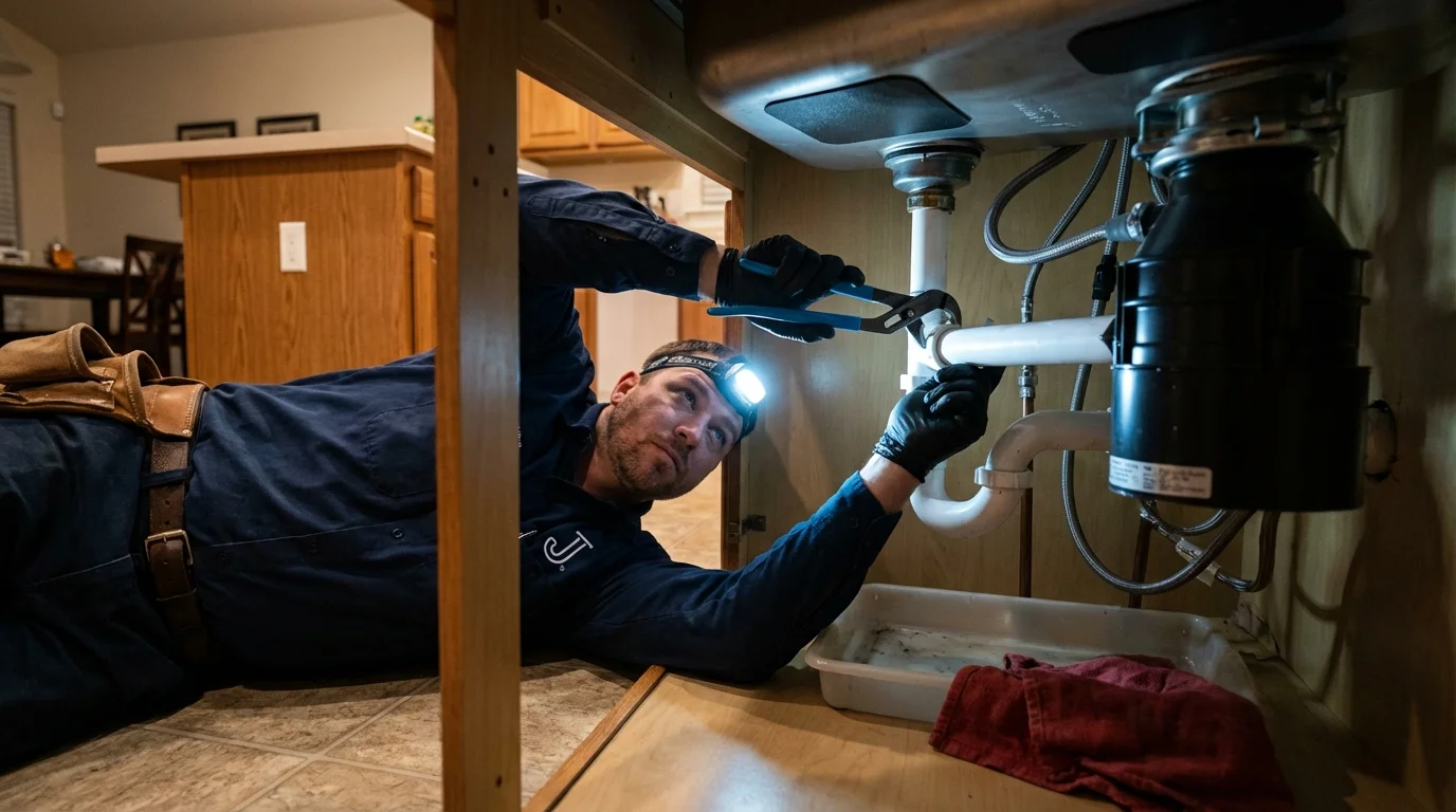 P-trap and supply line connections under a kitchen sink showing a common leak point in Farmersville, OH